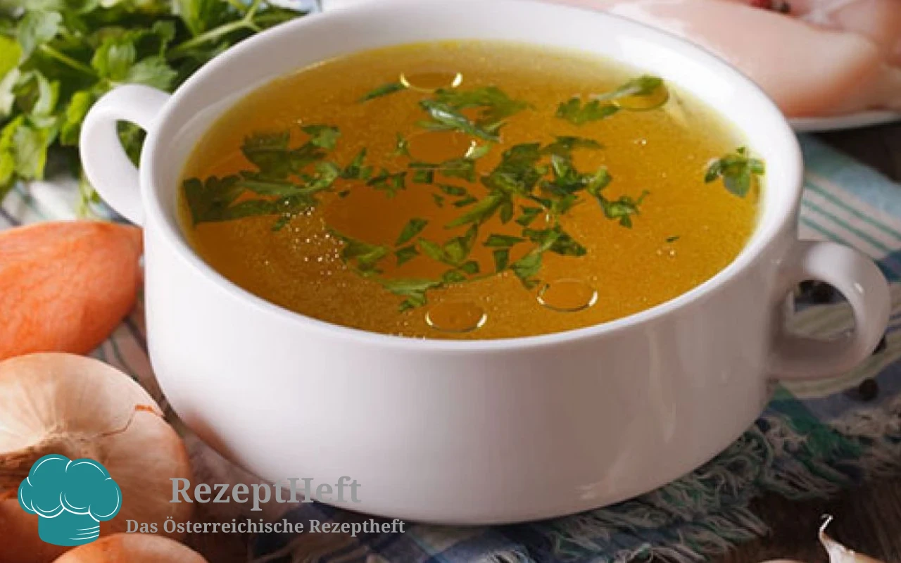 White ceramic bowl of golden carrot/vegetable soup garnished with chopped parsley on a table with onions and herbs in the background
