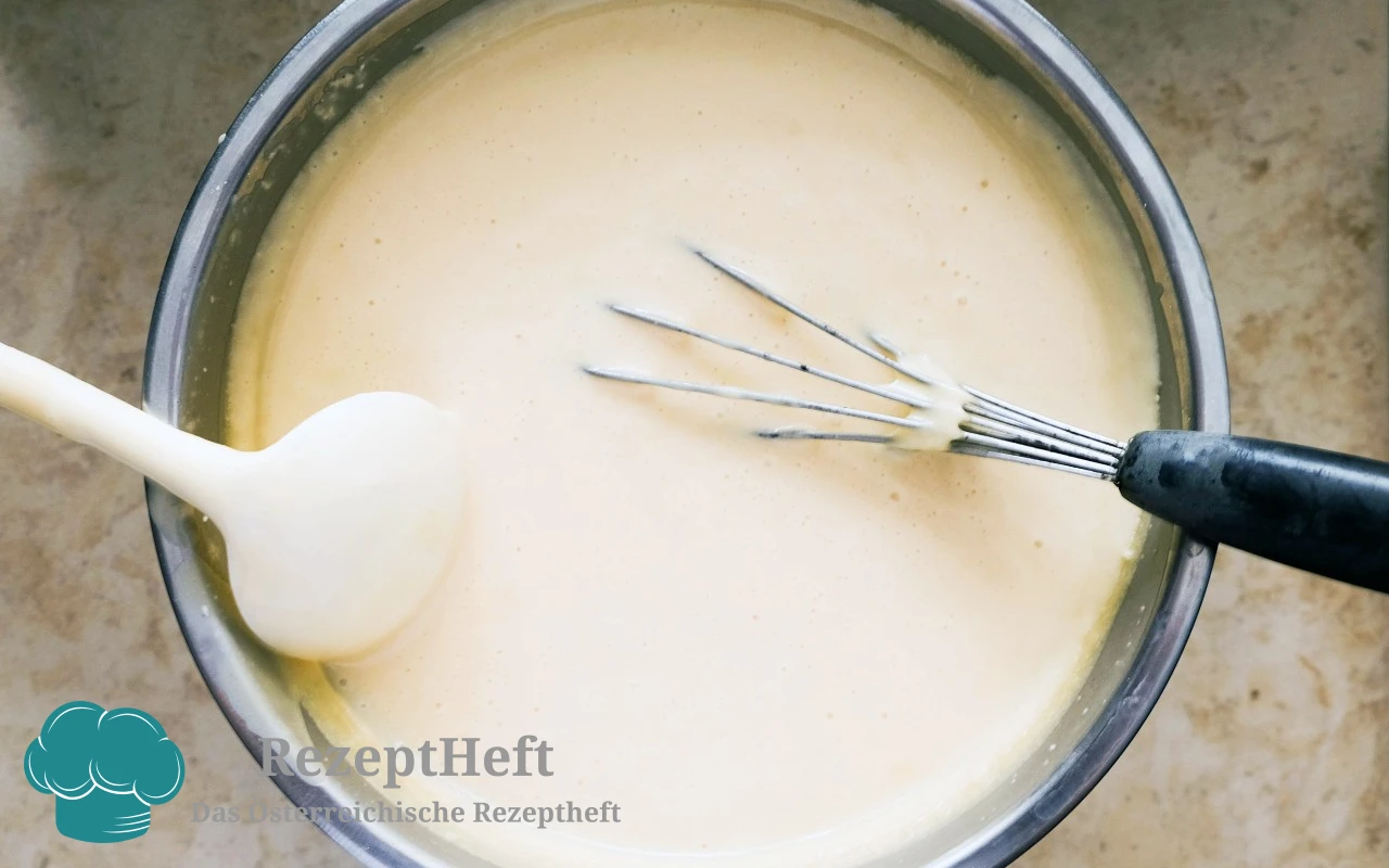 Bowl of light batter with a whisk and a spoon resting inside, on a kitchen counter; watermark text 'RezeptHeft' in the corner.