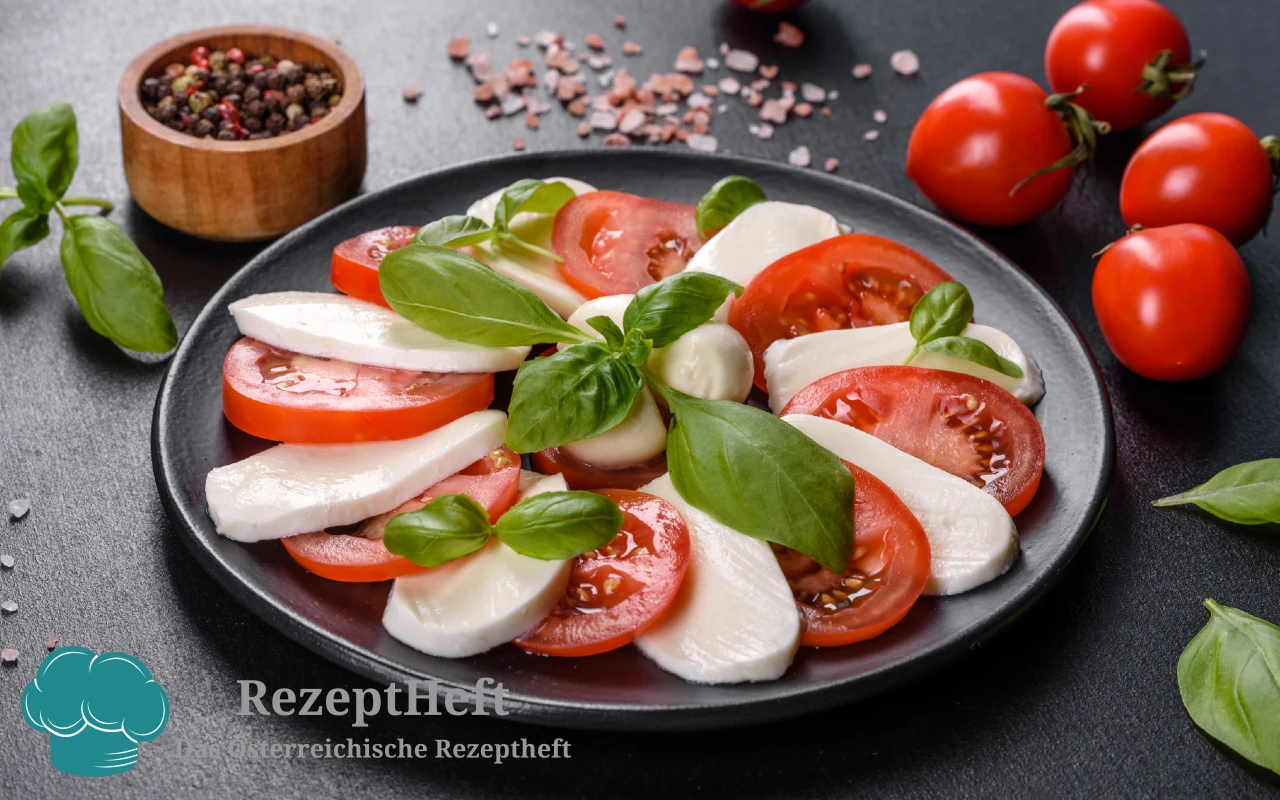 Plate of caprese salad with red tomato slices, white mozzarella, and fresh basil on a dark plate, with scattered pepper and tomatoes in the background.