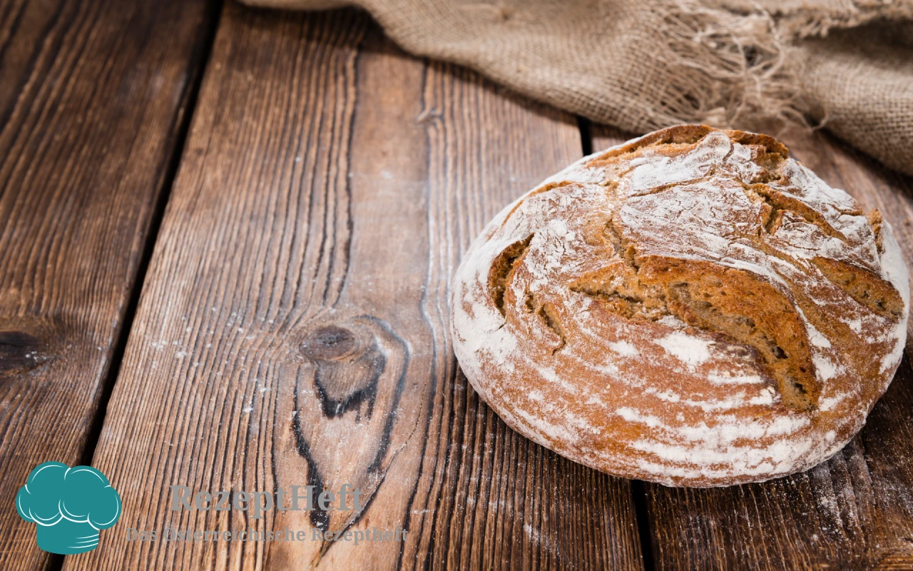 Round loaf of rustic sourdough resting on a flour-dusted wooden table.