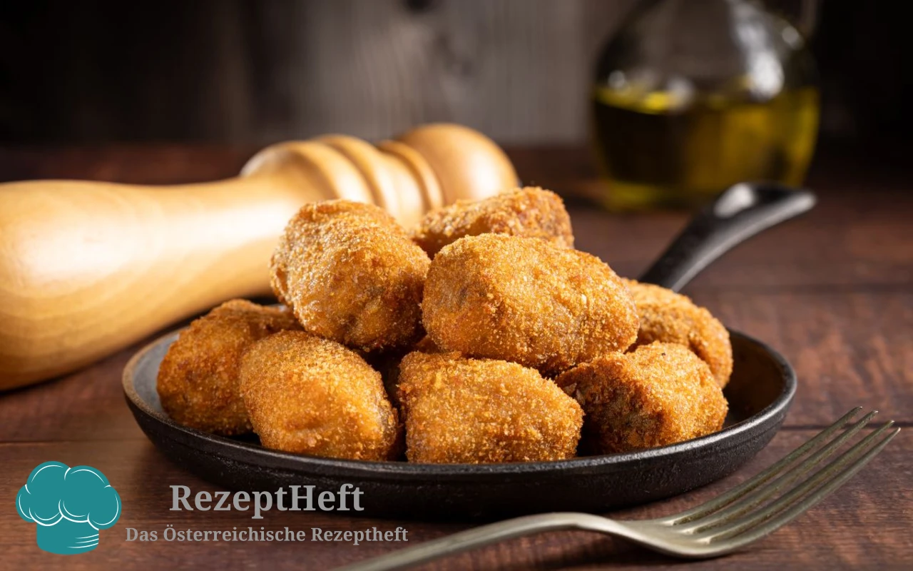 Pile of golden-brown croquettes on a cast-iron skillet with a wooden pepper mill and olive oil bottle in the background.