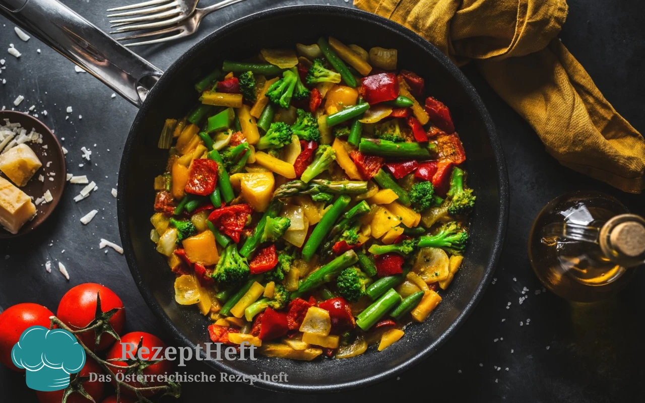 Skillet of colorful vegetable stir-fry with broccoli, peppers, green beans and tomatoes.