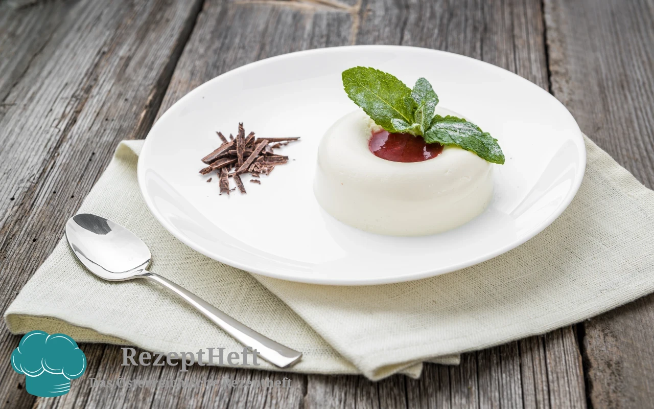 Panna cotta on a white plate with red sauce, fresh mint leaves, and chocolate shavings on the side, on a rustic wooden table with a spoon nearby