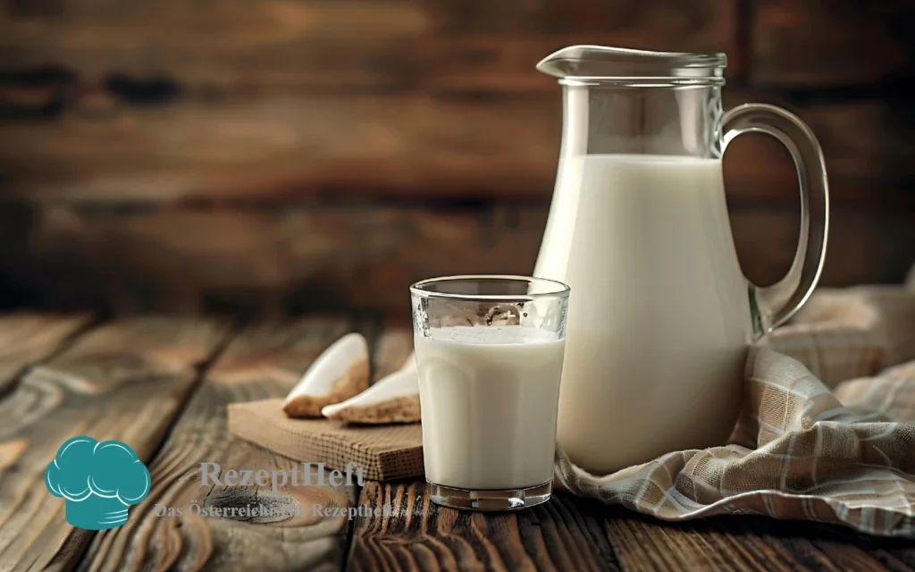 Milch_Titelbild - RezeptHeft Glass of milk and a milk pitcher on a rustic wooden table, with cookies and a beige cloth in a cozy setting.