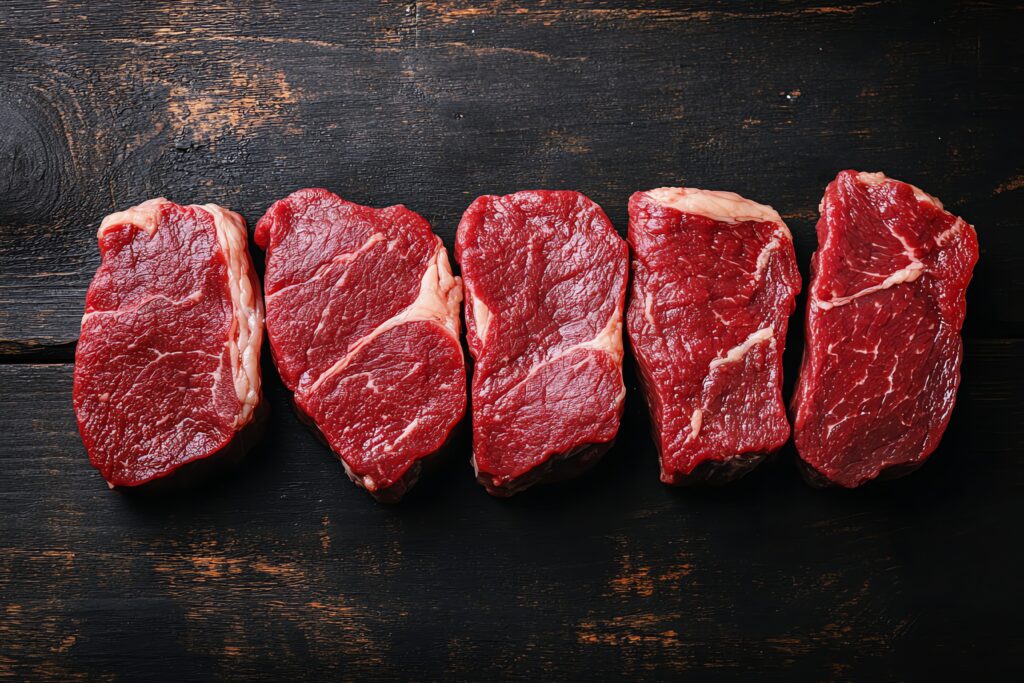 five-raw-steaks-dark-wooden-surface - RezeptHeft Rindfleisch