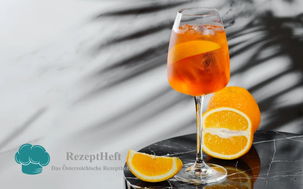 Aperol Spritz_Titelbild1280x800 - RezeptHeft Orange cocktail in a stemmed glass with ice on a dark marble surface, surrounded by orange halves and slices.