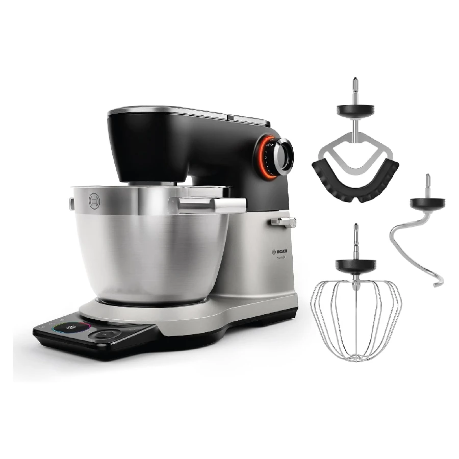 Bosch stand mixer with stainless steel bowl and multiple attachments (dough hook, beater, whisk)