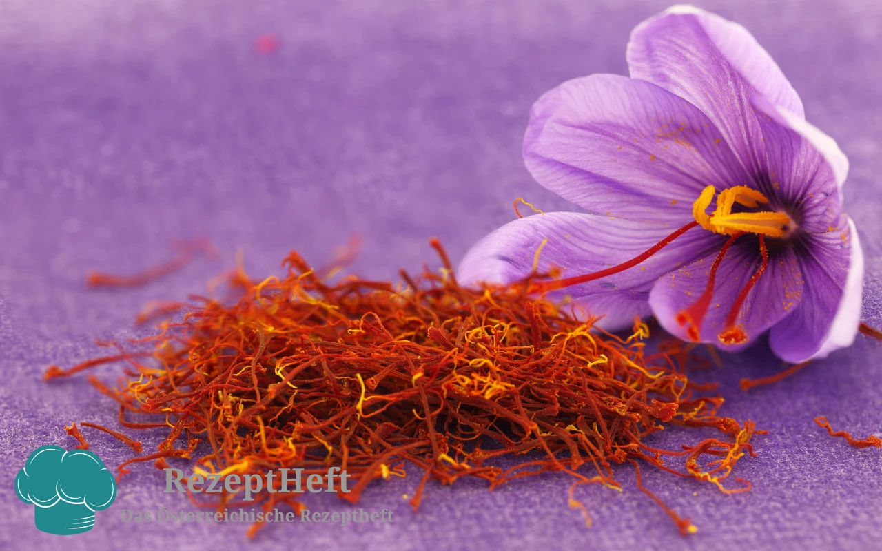 Safran-Titelbild1280x800 | RezeptHeft Purple crocus flower beside a pile of orange saffron threads on a purple fabric background, highlighting the spice and bloom together.