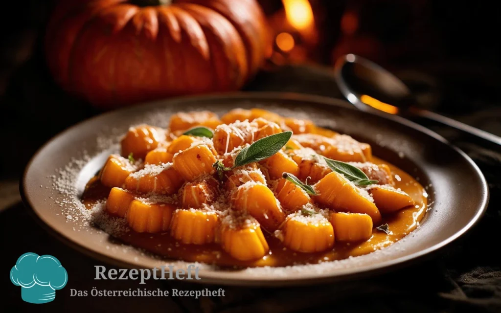 Gnocchi in creamy pumpkin sauce with sage leaves and grated cheese on a dark plate.