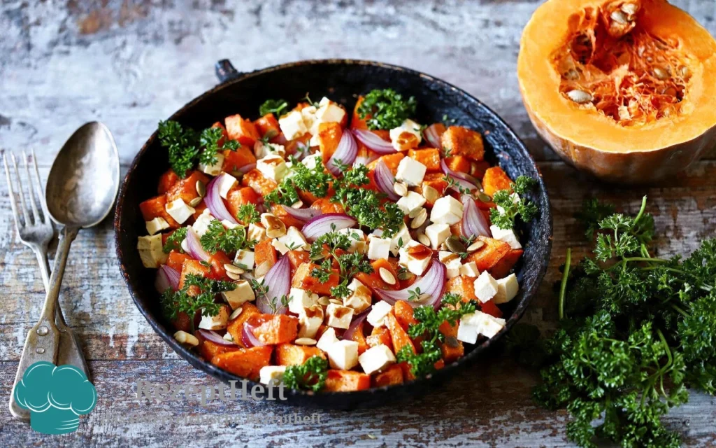 Ofenkürbis mit Feta, roten Zwiebeln und Kürbiskernen