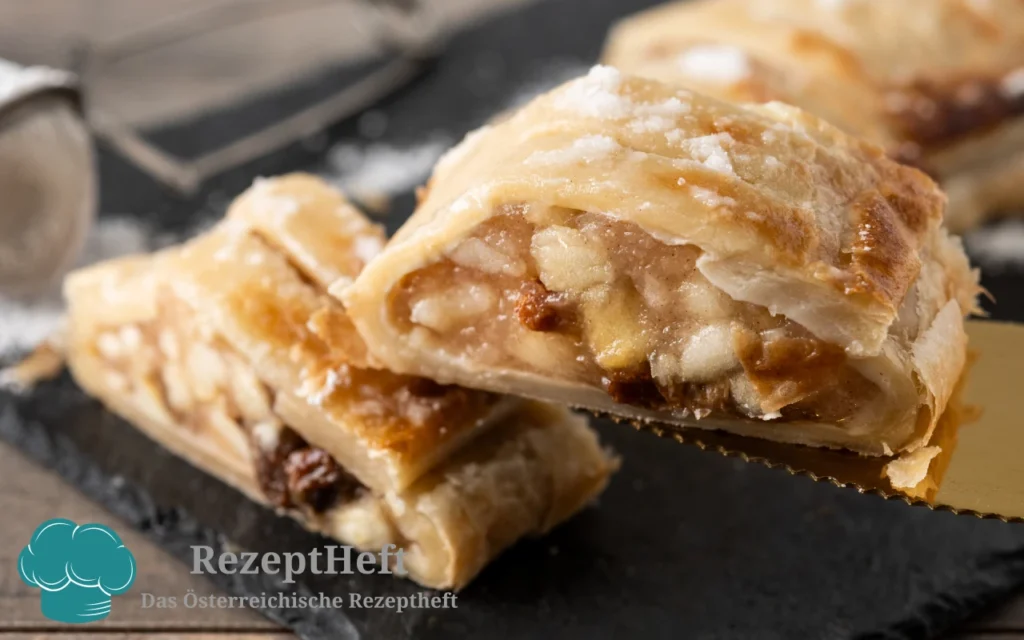 Klassischer Wiener Apfelstrudel mit Äpfeln und Staubzucker